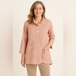 John Mark Striped Patchwork Tunic Top Pink White Button Front Women’s Small